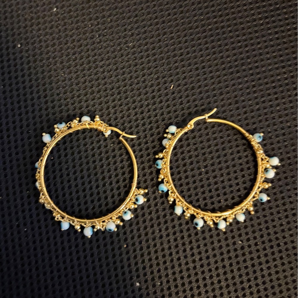 Gold Tone Hoop Earrings Blue‎ Beaded Evil Eye Charm Hoop Earrings